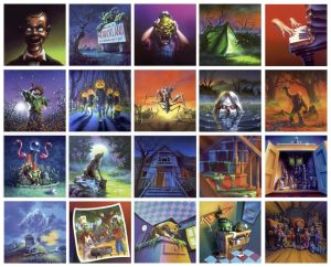 A collage of iconic Goosebumps cover art illustrations by Tim Jacobus, featuring creepy and colorful scenes